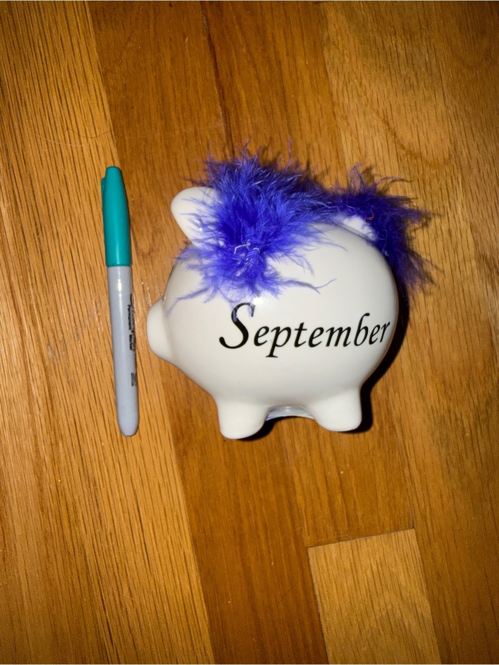 September White Piggy Bank with Purple Feather Accent
